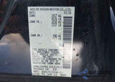 2016 Nissan Altima 2.5 Sl z USA, uszkodzony, nr VIN 1N4AL3AP9GC202052